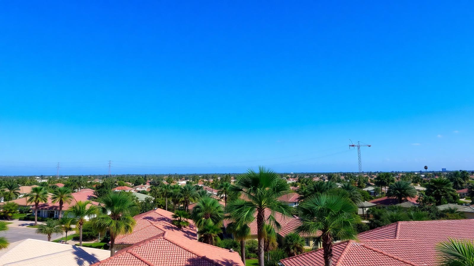 Aerial view of a Florida neighborhood with palm trees and tile roofs